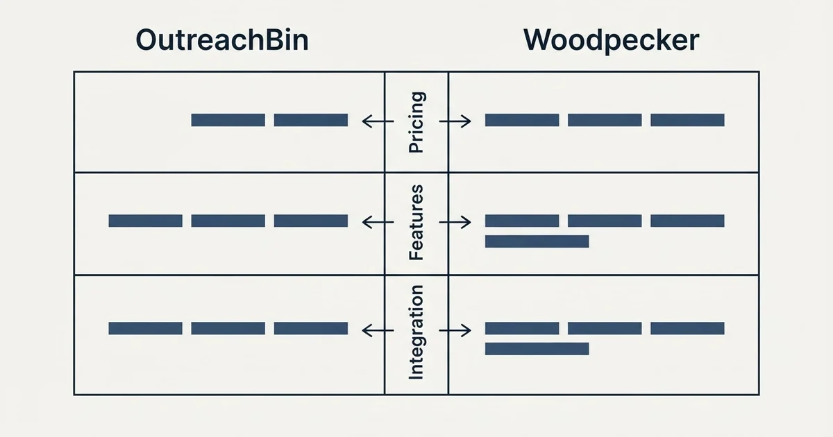 Comparison panel: OutreachBin vs Woodpecker (Pricing, Features, Integration)