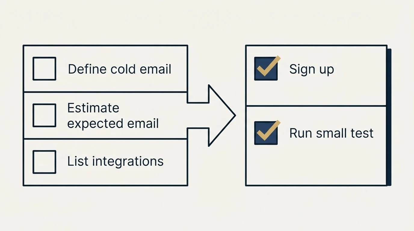 Before-and-after steps: Getting Started Checklist (Define cold email, Estimate expected email, List integrations, Sign up)