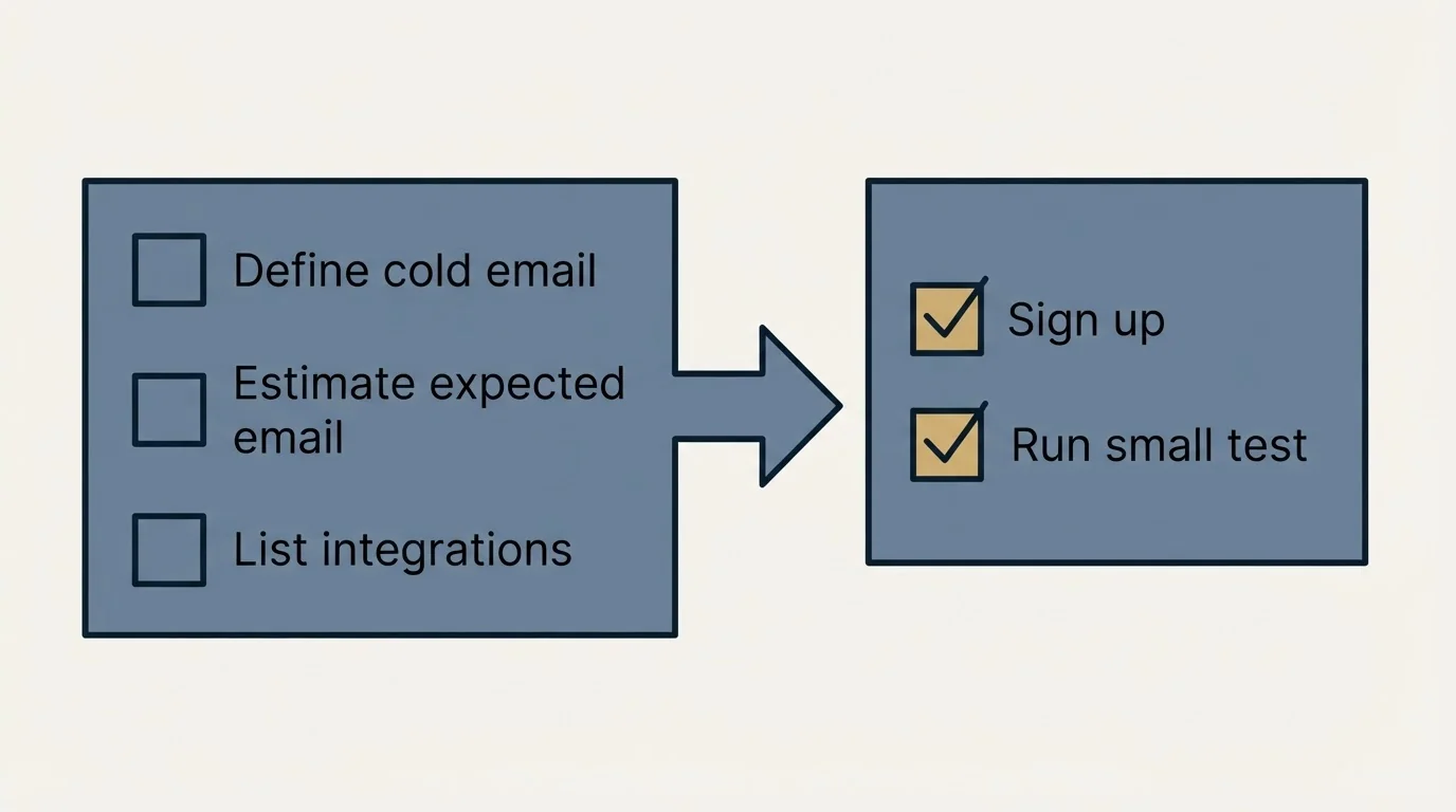 Before-and-after steps: Getting Started Checklist (Define cold email, Estimate expected email, List integrations, Sign up)