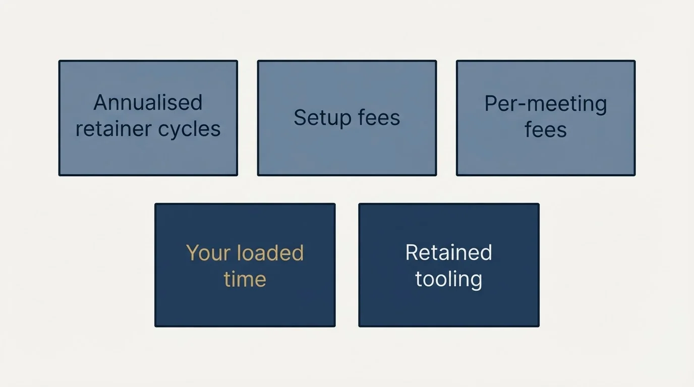 Schematic: Building the outsourced number (Annualised retainer cycles, Setup fees, Per-meeting fees, Your loaded time)