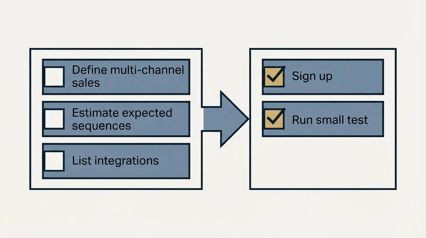 Before-and-after steps: Getting Started Checklist (Define multi-channel sales, Estimate expected sequences, List integrations, Sign up)