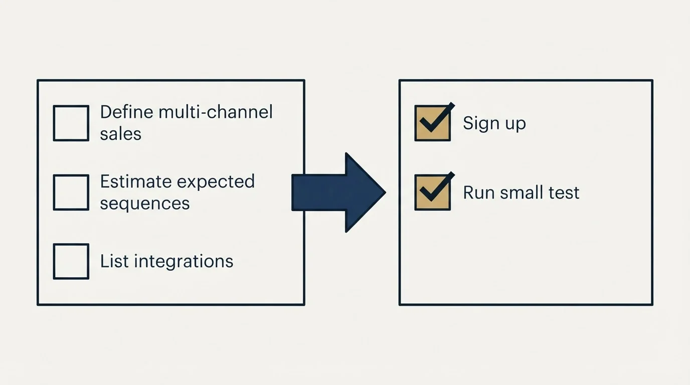 Before-and-after steps: Getting Started Checklist (Define multi-channel sales, Estimate expected sequences, List integrations, Sign up)