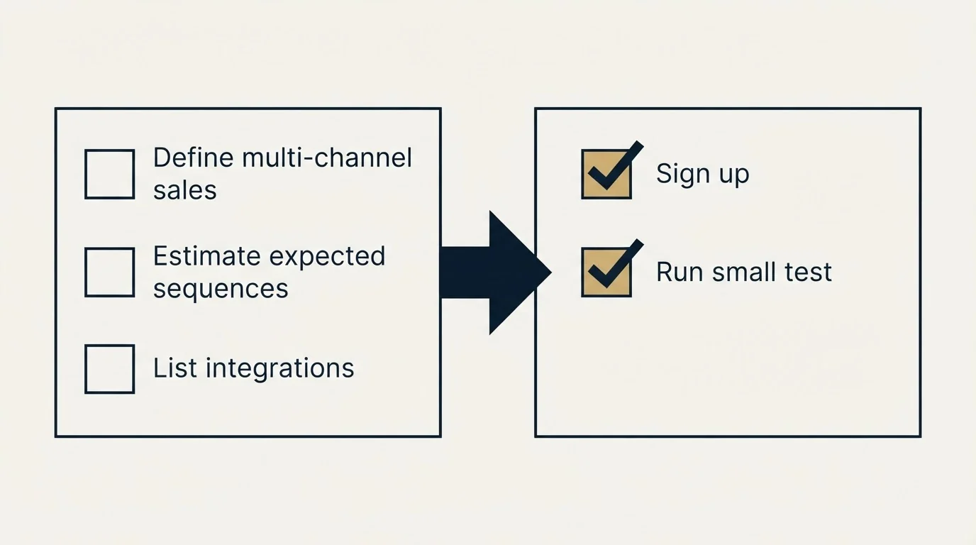 Before-and-after steps: Getting Started Checklist (Define multi-channel sales, Estimate expected sequences, List integrations, Sign up)