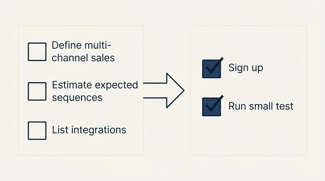 Before-and-after steps: Getting Started Checklist (Define multi-channel sales, Estimate expected sequences, List integrations, Sign up)