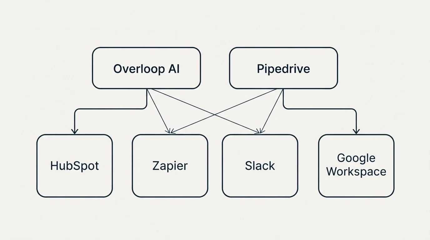Integration grid: Integration Ecosystem (Overloop AI, Pipedrive, Zapier, Slack)