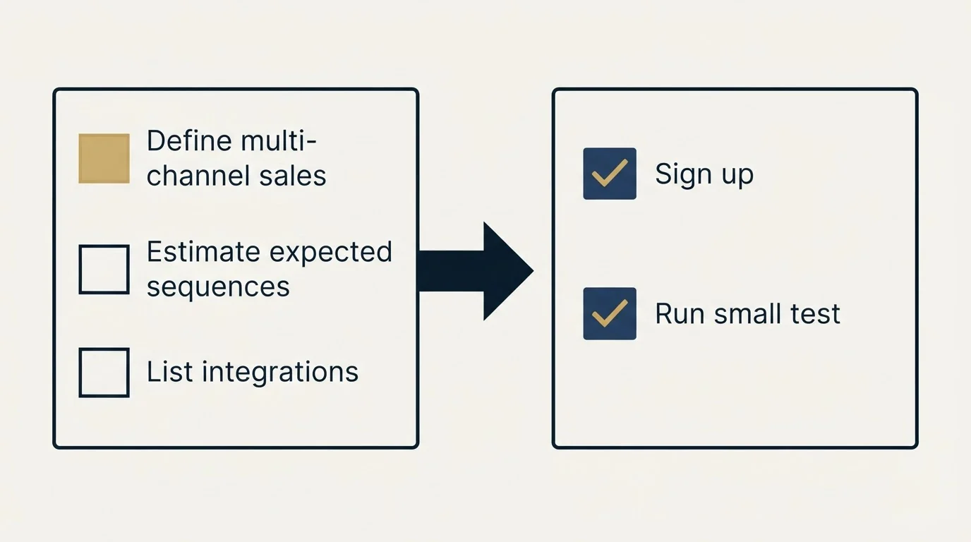 Before-and-after steps: Getting Started Checklist (Define multi-channel sales, Estimate expected sequences, List integrations, Sign up)
