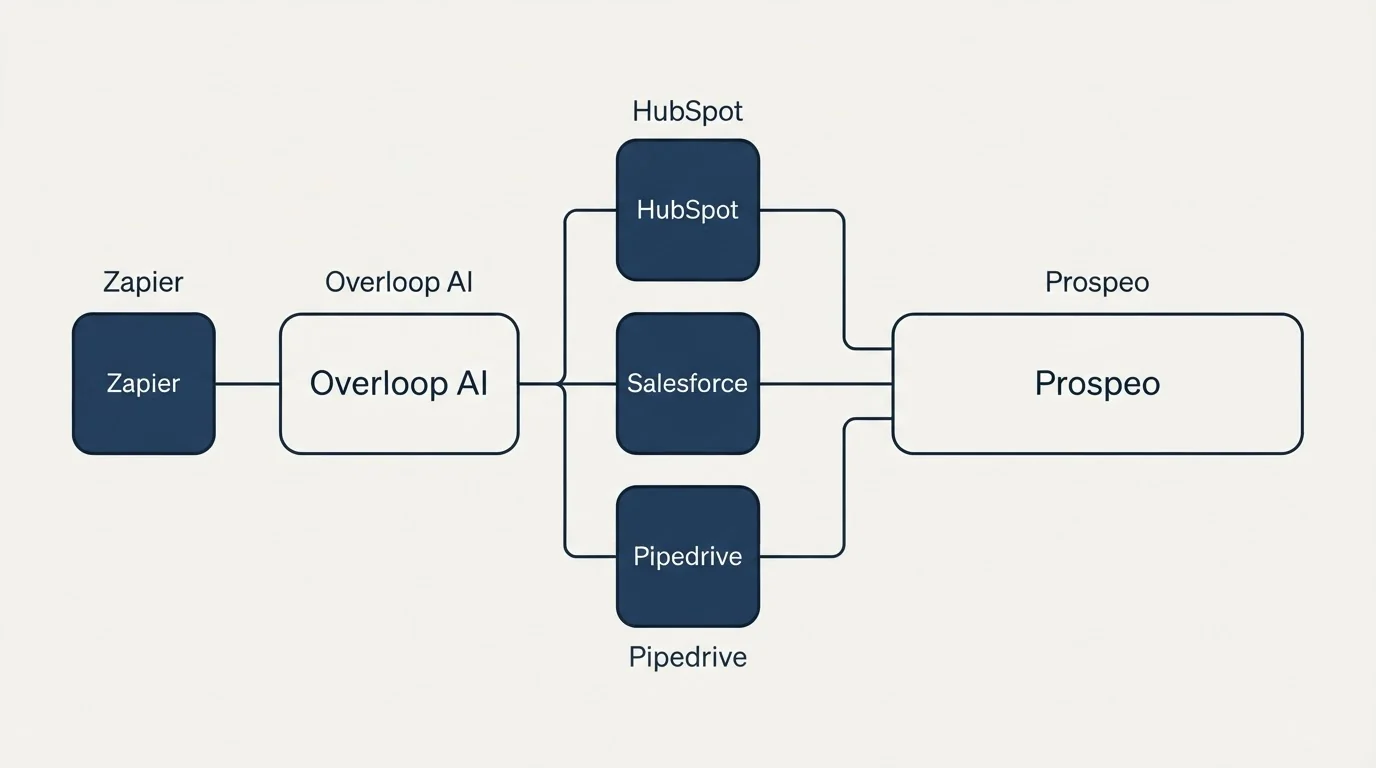 Integration flow: Integration Ecosystem (Overloop AI, Prospeo, HubSpot, Salesforce)