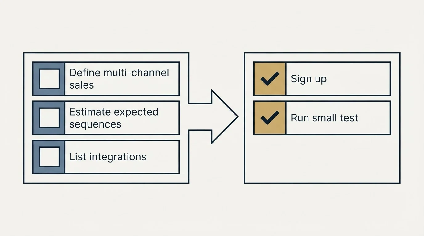 Before-and-after steps: Getting Started Checklist (Define multi-channel sales, Estimate expected sequences, List integrations, Sign up)