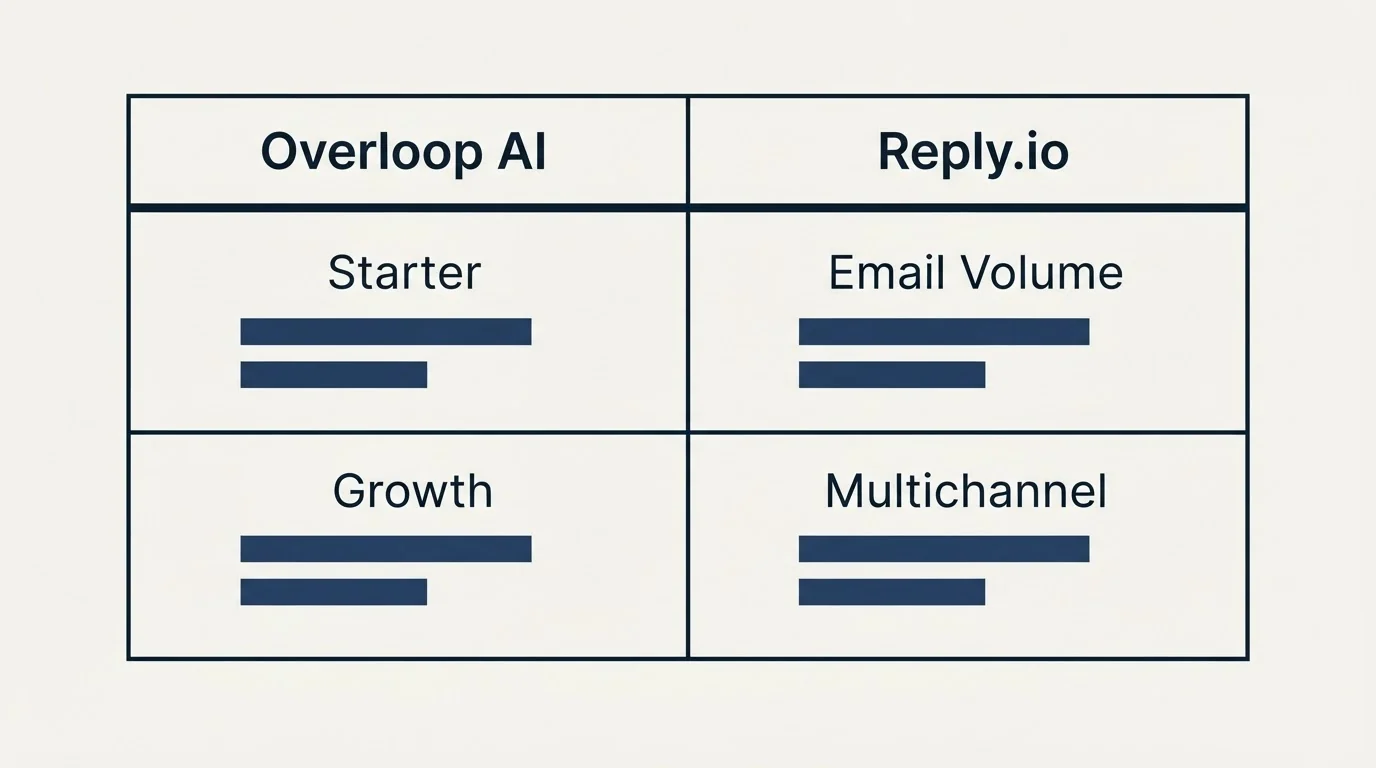 Pricing table: Pricing Comparison (Overloop AI, Reply.io, Starter, Email Volume)