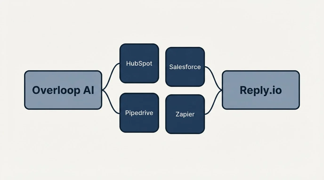 Integration schematic: Integration Ecosystem (Overloop AI, Reply.io, HubSpot, Salesforce)