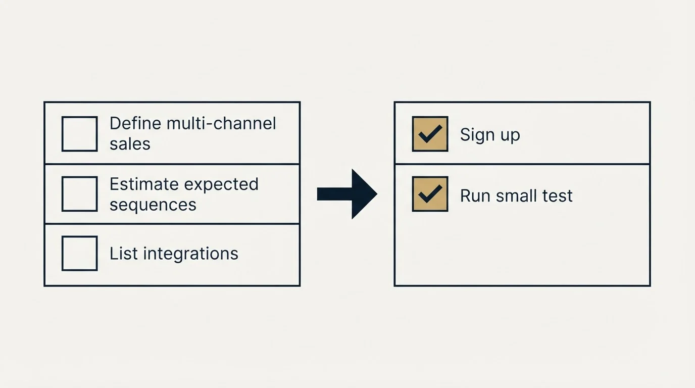 Before-and-after steps: Getting Started Checklist (Define multi-channel sales, Estimate expected sequences, List integrations, Sign up)