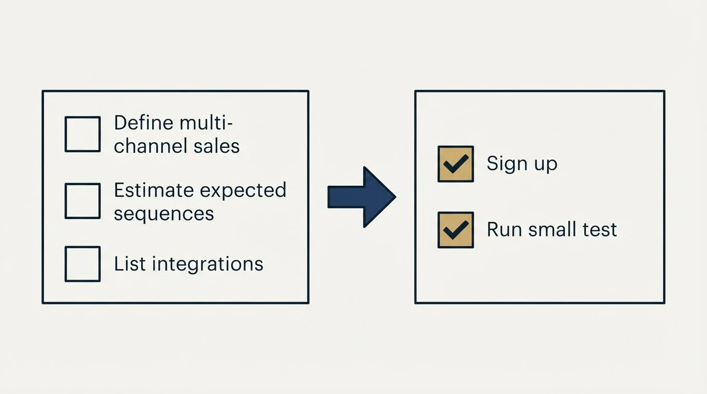 Before-and-after steps: Getting Started Checklist (Define multi-channel sales, Estimate expected sequences, List integrations, Sign up)