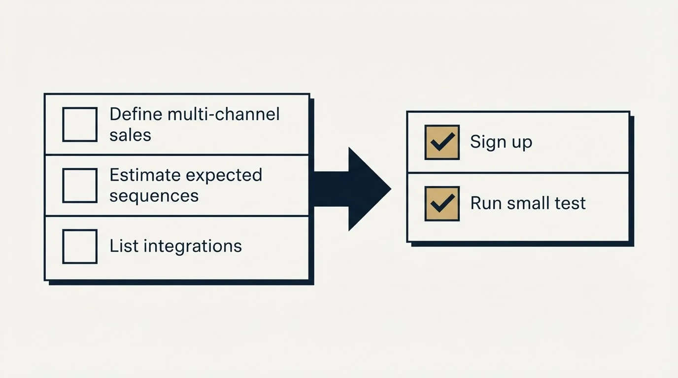 Before-and-after steps: Getting Started Checklist (Define multi-channel sales, Estimate expected sequences, List integrations, Sign up)