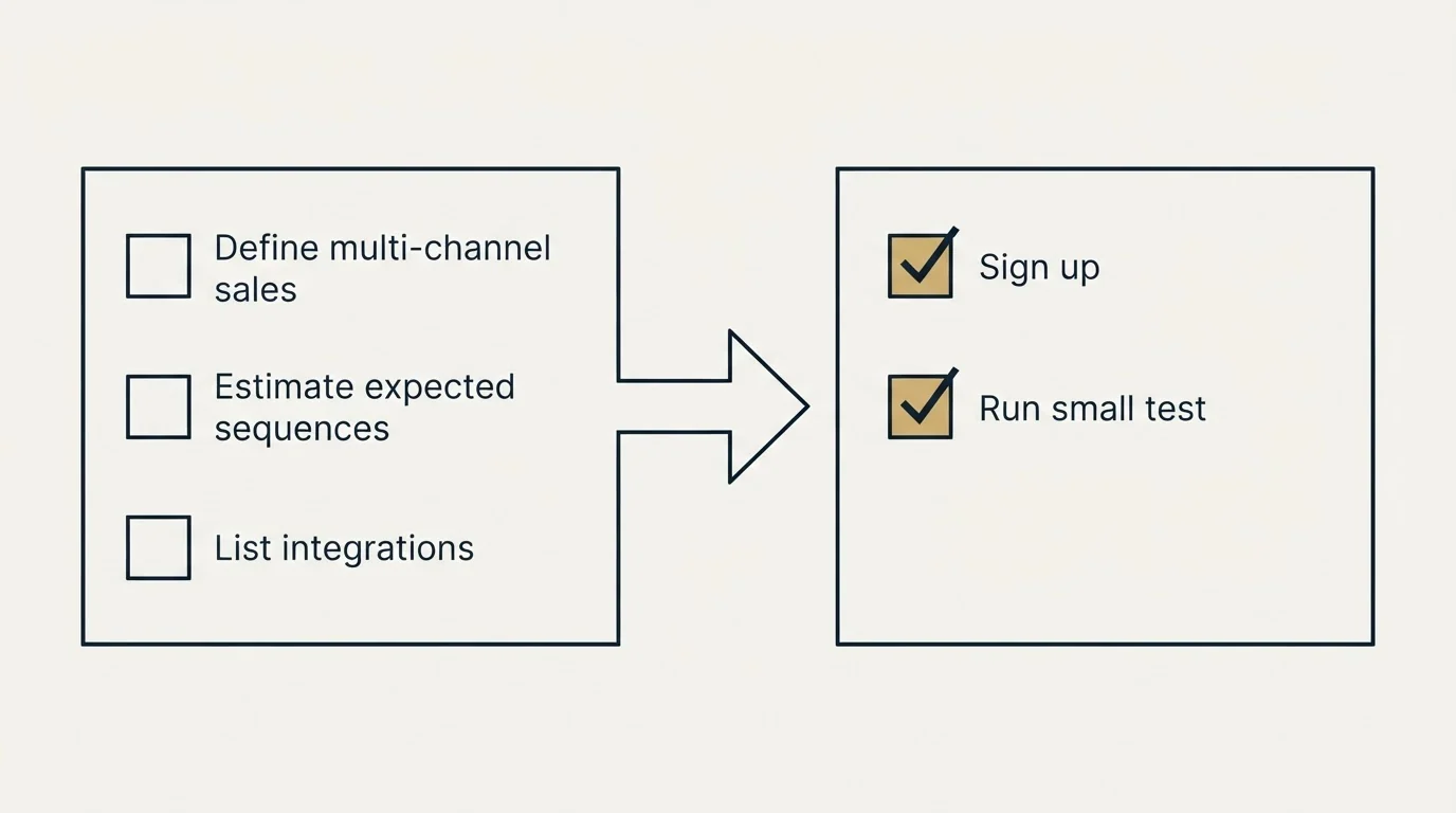 Before-and-after steps: Getting Started Checklist (Define multi-channel sales, Estimate expected sequences, List integrations, Sign up)