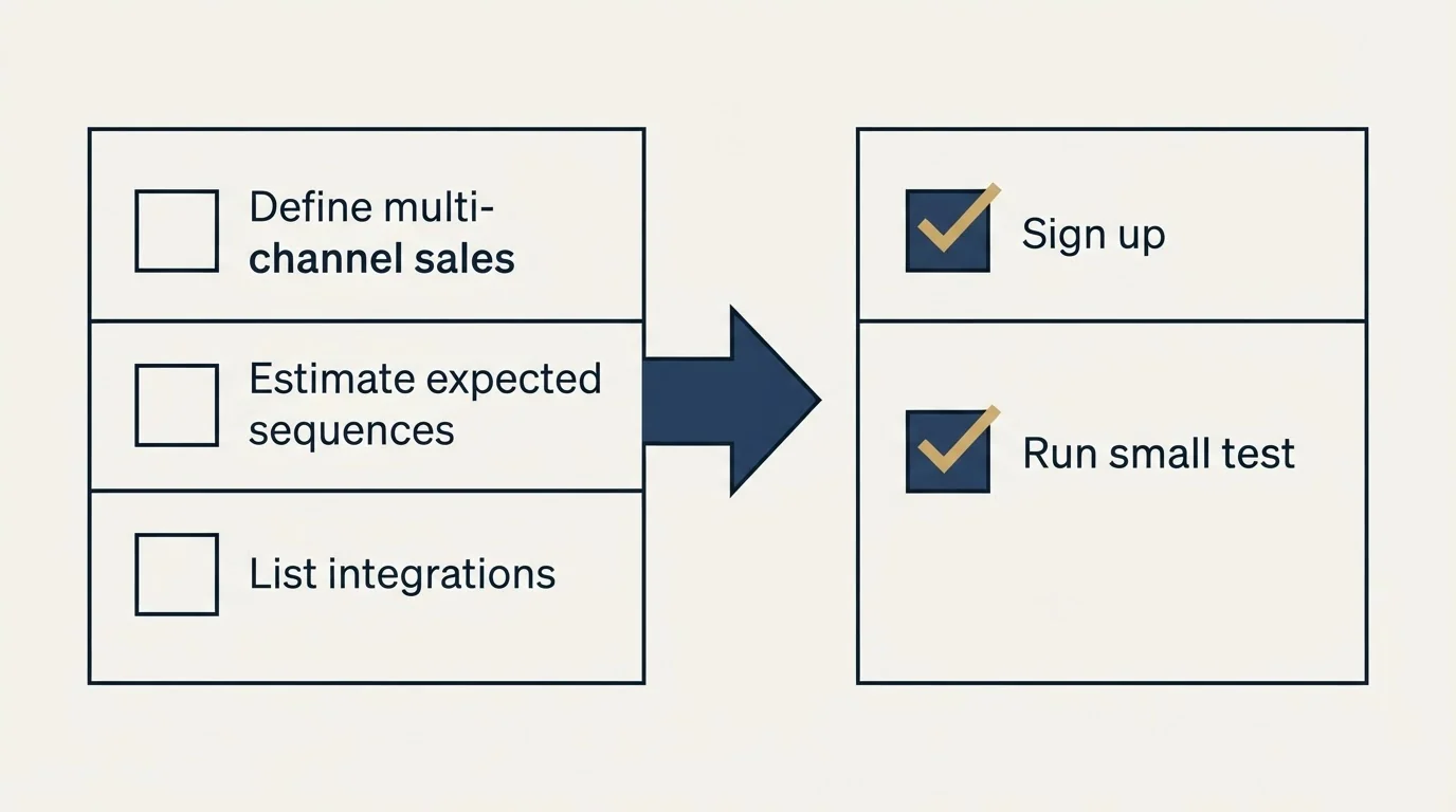 Before-and-after steps: Getting Started Checklist (Define multi-channel sales, Estimate expected sequences, List integrations, Sign up)