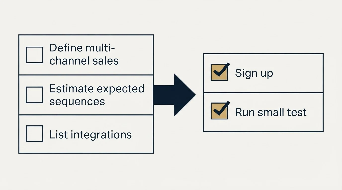 Before-and-after steps: Getting Started Checklist (Define multi-channel sales, Estimate expected sequences, List integrations, Sign up)