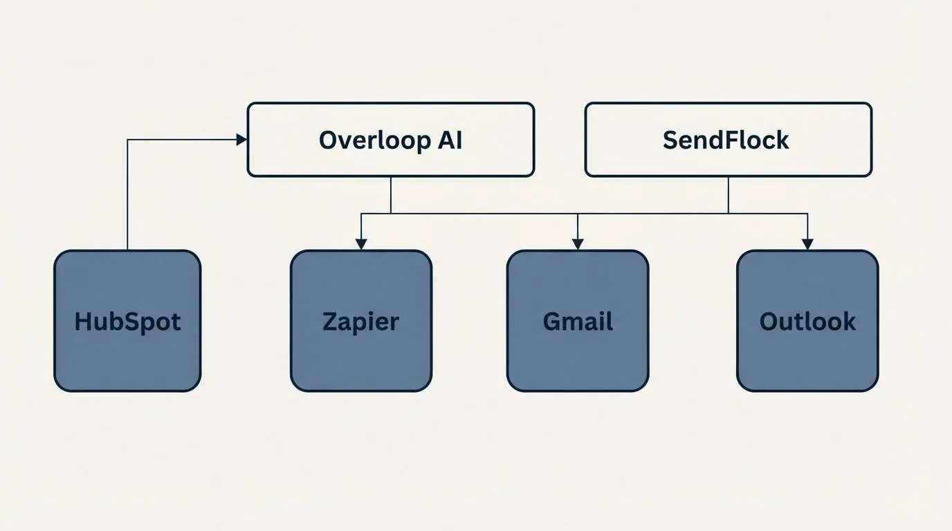 Integration grid: Integration Ecosystem (Overloop AI, SendFlock, Zapier, Gmail)