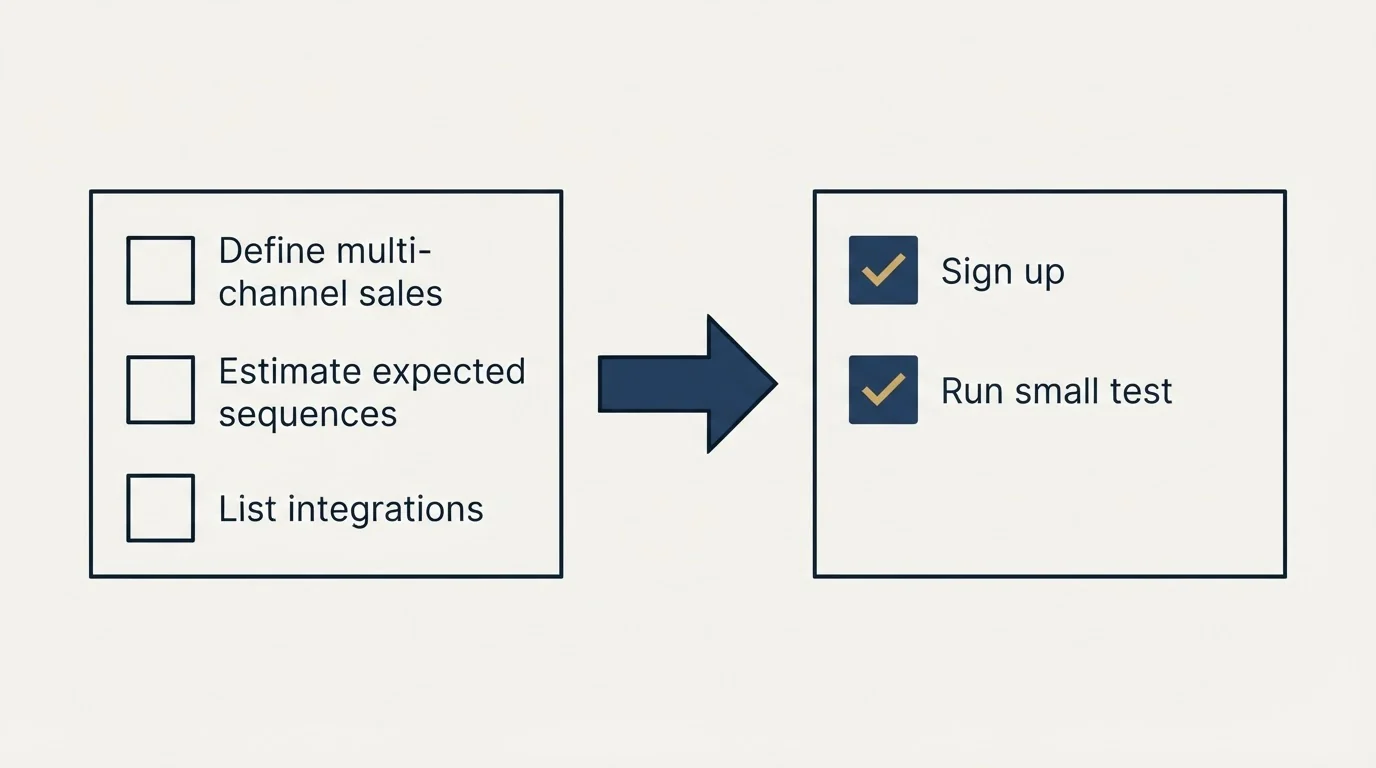 Before-and-after steps: Getting Started Checklist (Define multi-channel sales, Estimate expected sequences, List integrations, Sign up)