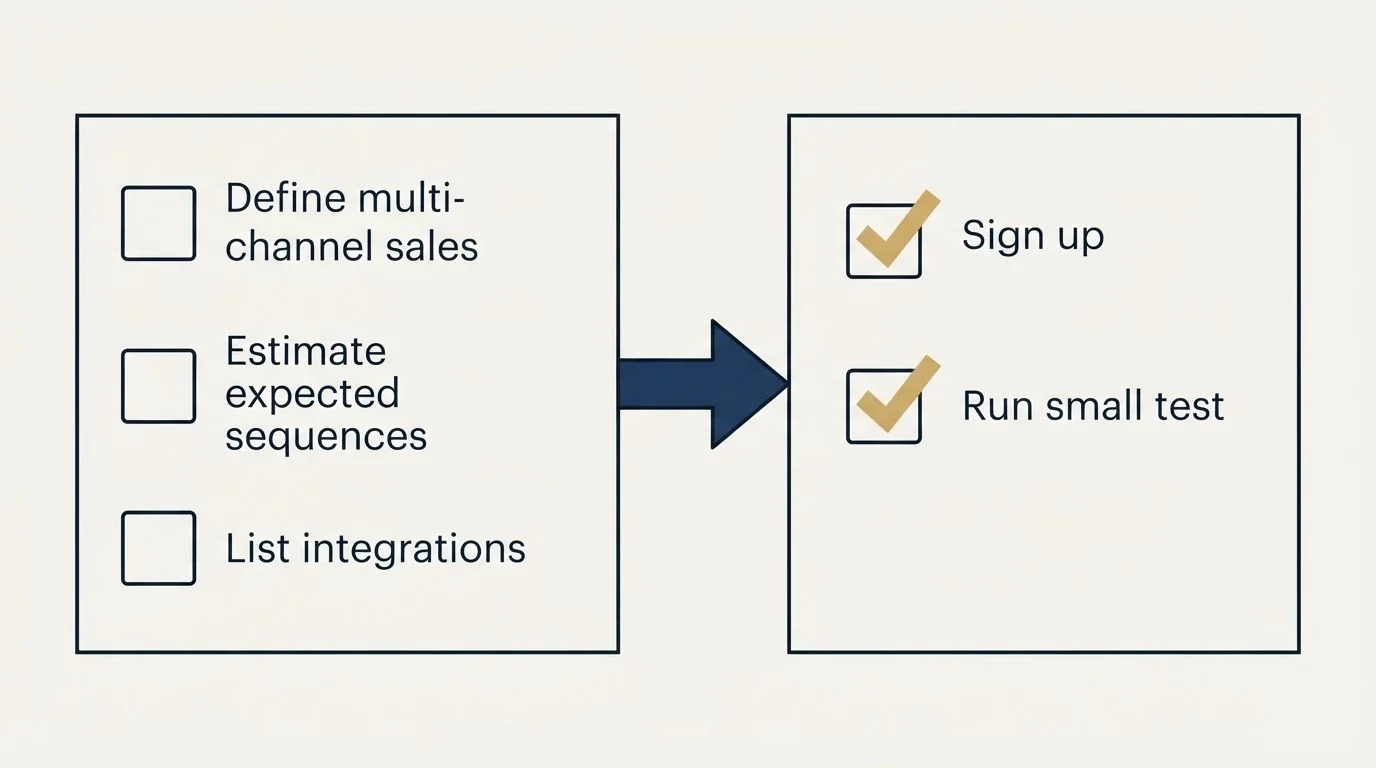 Before-and-after steps: Getting Started Checklist (Define multi-channel sales, Estimate expected sequences, List integrations, Sign up)