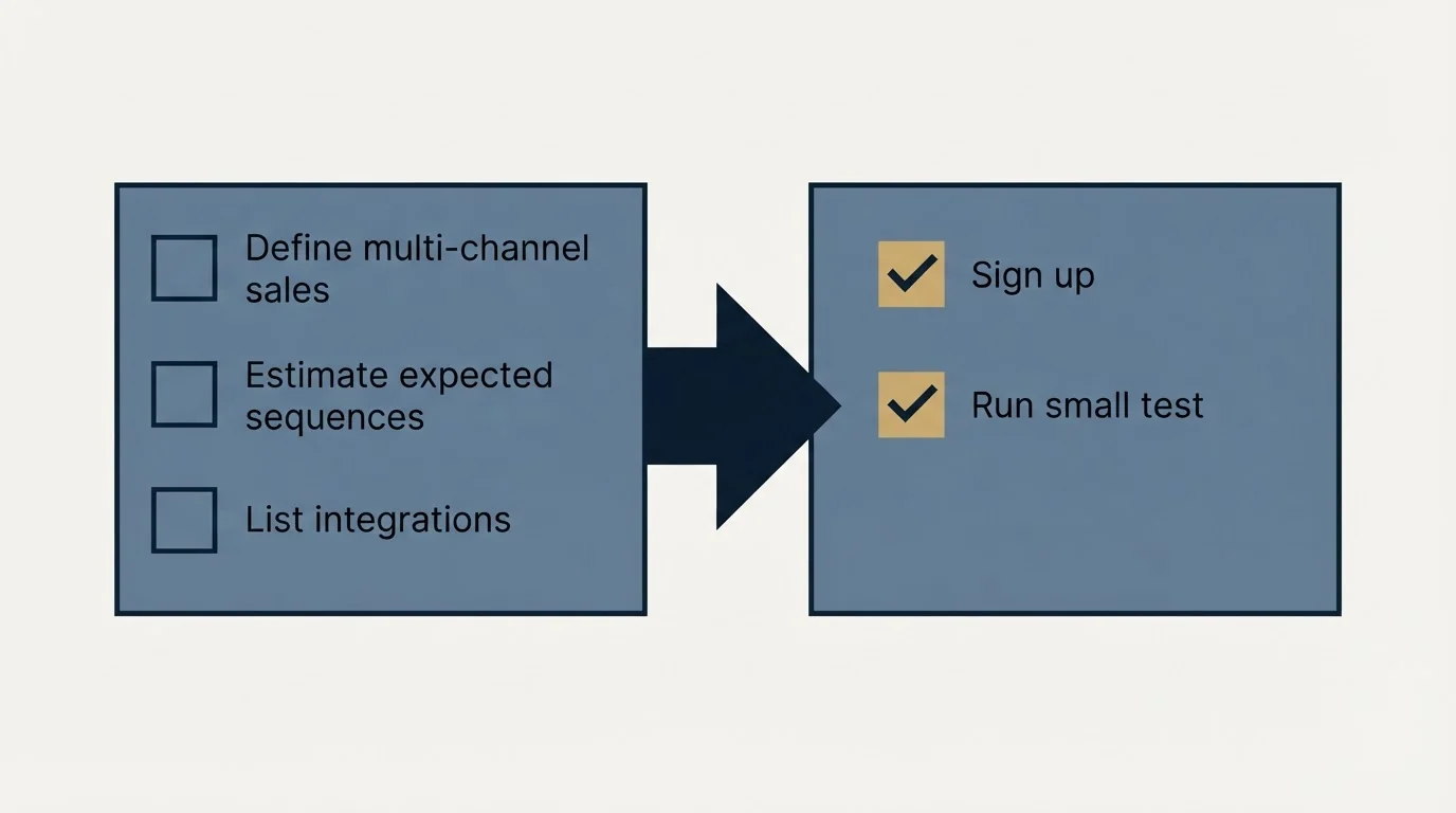 Before-and-after steps: Getting Started Checklist (Define multi-channel sales, Estimate expected sequences, List integrations, Sign up)