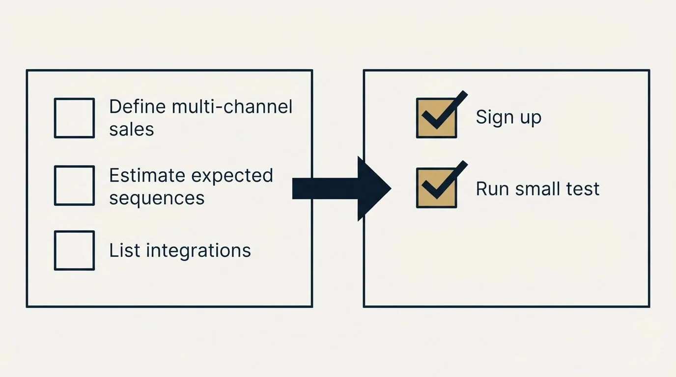 Before-and-after steps: Getting Started Checklist (Define multi-channel sales, Estimate expected sequences, List integrations, Sign up)