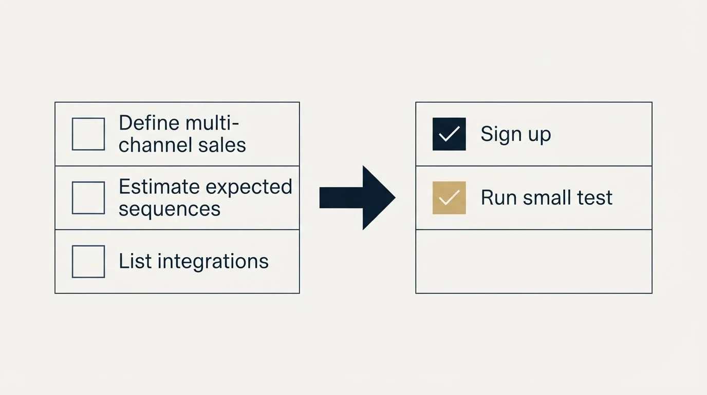 Before-and-after steps: Getting Started Checklist (Define multi-channel sales, Estimate expected sequences, List integrations, Sign up)