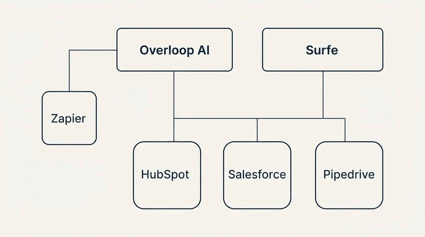 Integration grid: Integration Ecosystem (Overloop AI, Surfe, HubSpot, Salesforce)