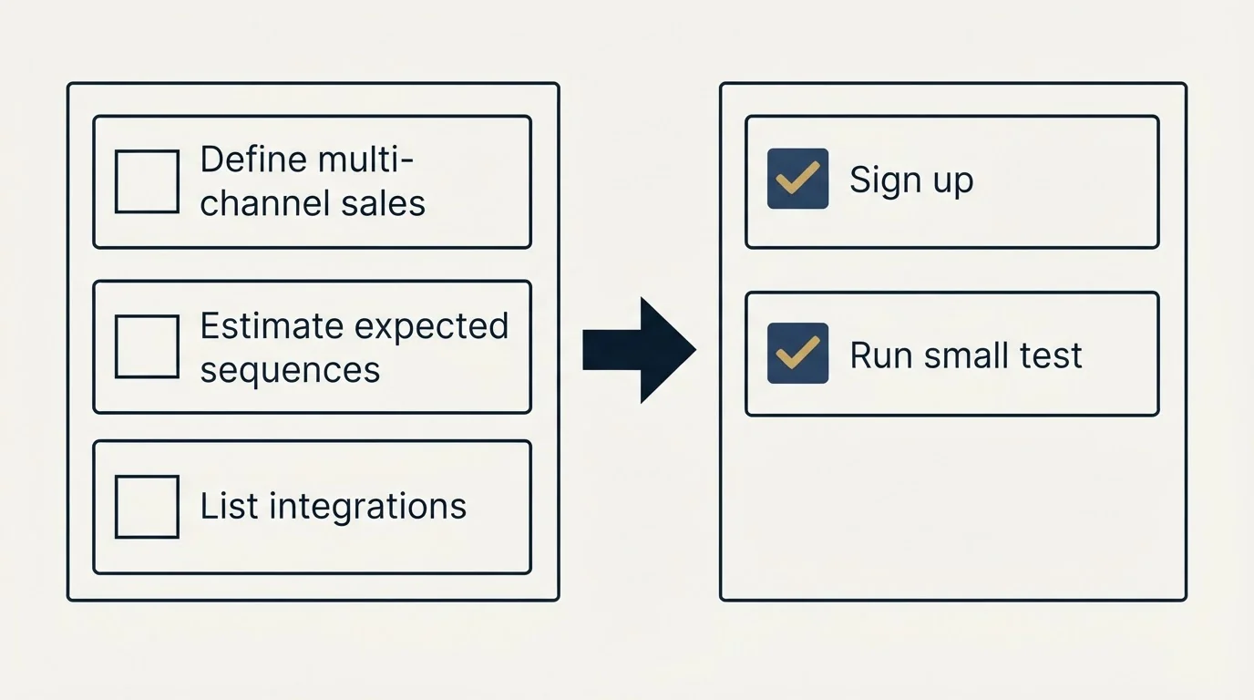 Before-and-after steps: Getting Started Checklist (Define multi-channel sales, Estimate expected sequences, List integrations, Sign up)