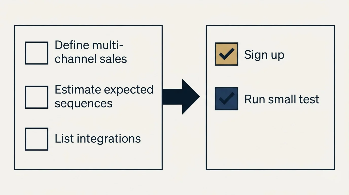 Before-and-after steps: Getting Started Checklist (Define multi-channel sales, Estimate expected sequences, List integrations, Sign up)