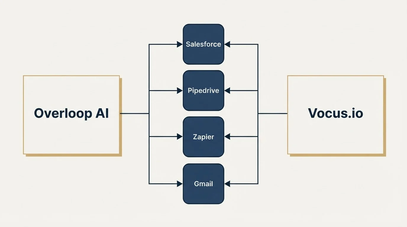 Integration flow: Integration Ecosystem (Overloop AI, Vocus.io, Salesforce, Pipedrive)