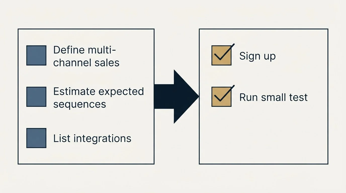 Before-and-after steps: Getting Started Checklist (Define multi-channel sales, Estimate expected sequences, List integrations, Sign up)
