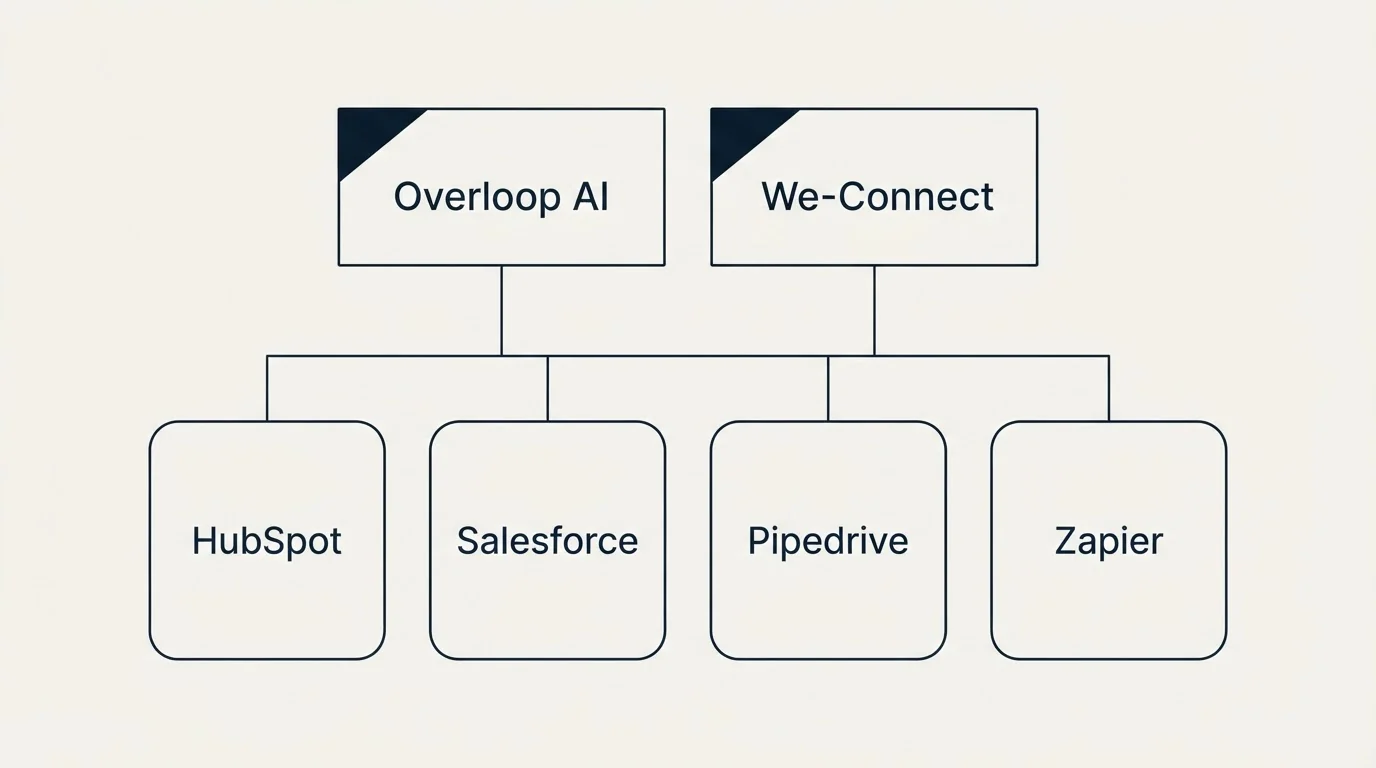 Integration grid: Integration Ecosystem (Overloop AI, We-Connect, HubSpot, Salesforce)