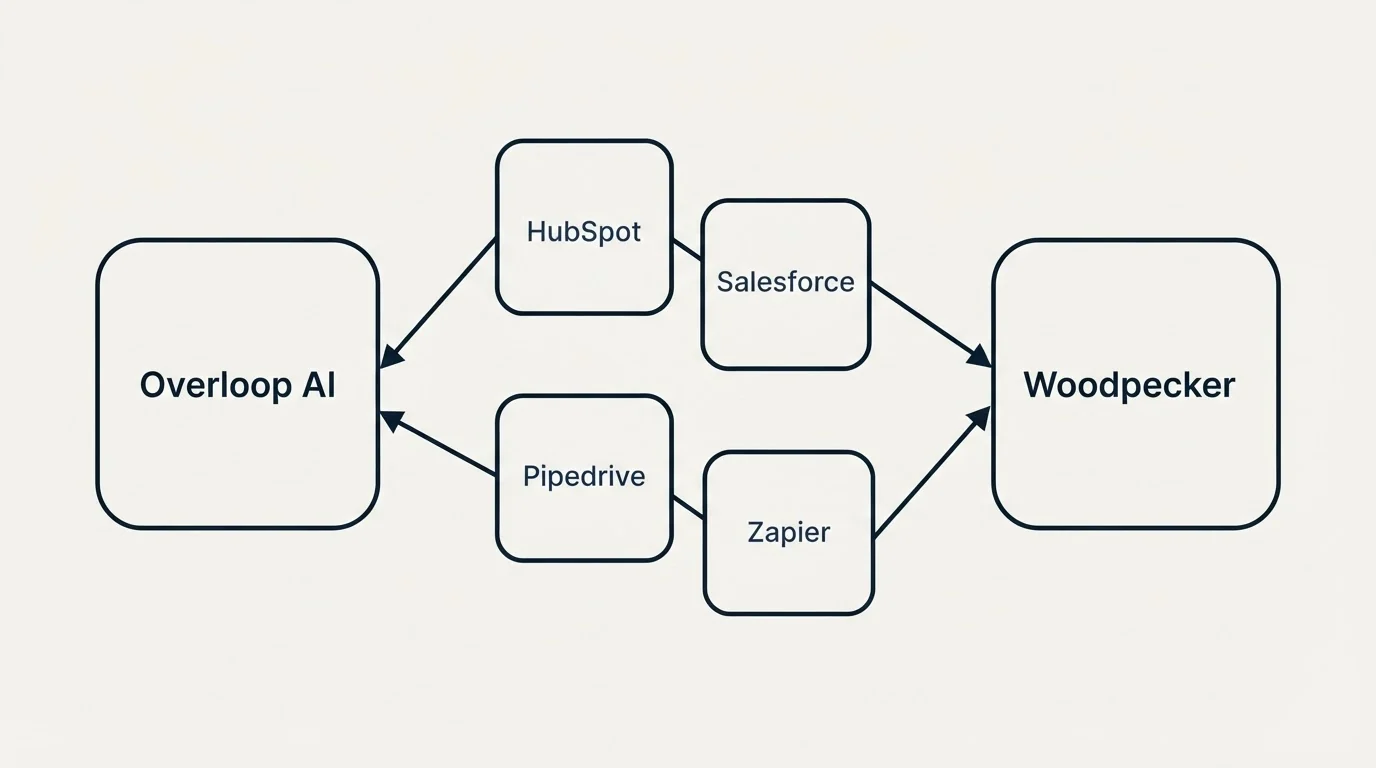 Integration schematic: Integration Ecosystem (Overloop AI, Woodpecker, HubSpot, Salesforce)