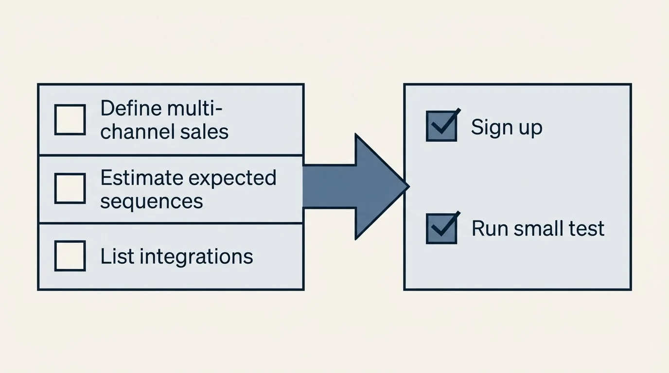 Before-and-after steps: Getting Started Checklist (Define multi-channel sales, Estimate expected sequences, List integrations, Sign up)