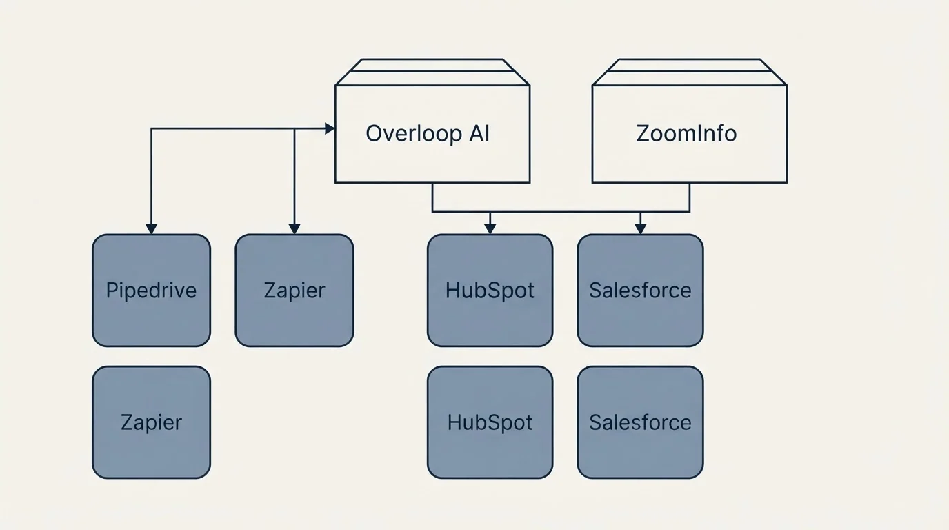 Integration grid: Integration Ecosystem (Overloop AI, ZoomInfo, HubSpot, Salesforce)