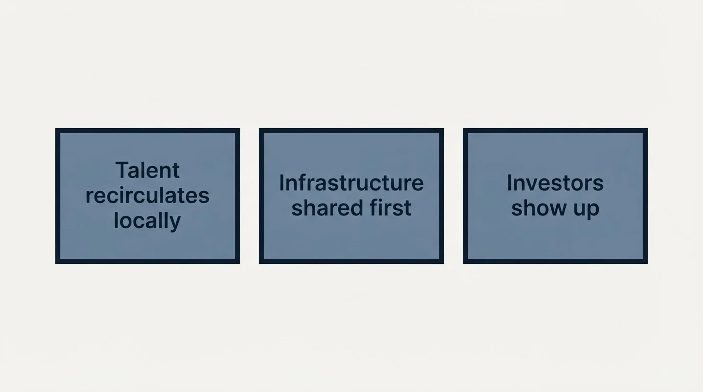 Schematic: Why density compounds (Talent recirculates locally, Infrastructure shared first, Investors show up)