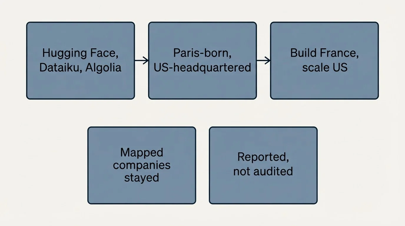 Schematic: What the map leaves out (Hugging Face, Dataiku, Algolia, Paris-born, US-headquartered, Build France, scale US, Mapped companies stayed)