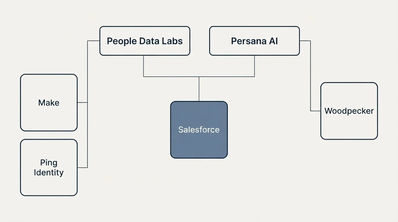 Integration grid: Integration Ecosystem (People Data Labs, Persana AI, Salesforce, Make)