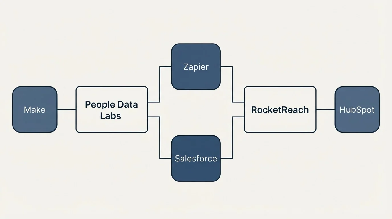 Integration flow: Integration Ecosystem (People Data Labs, RocketReach, Zapier, Salesforce)