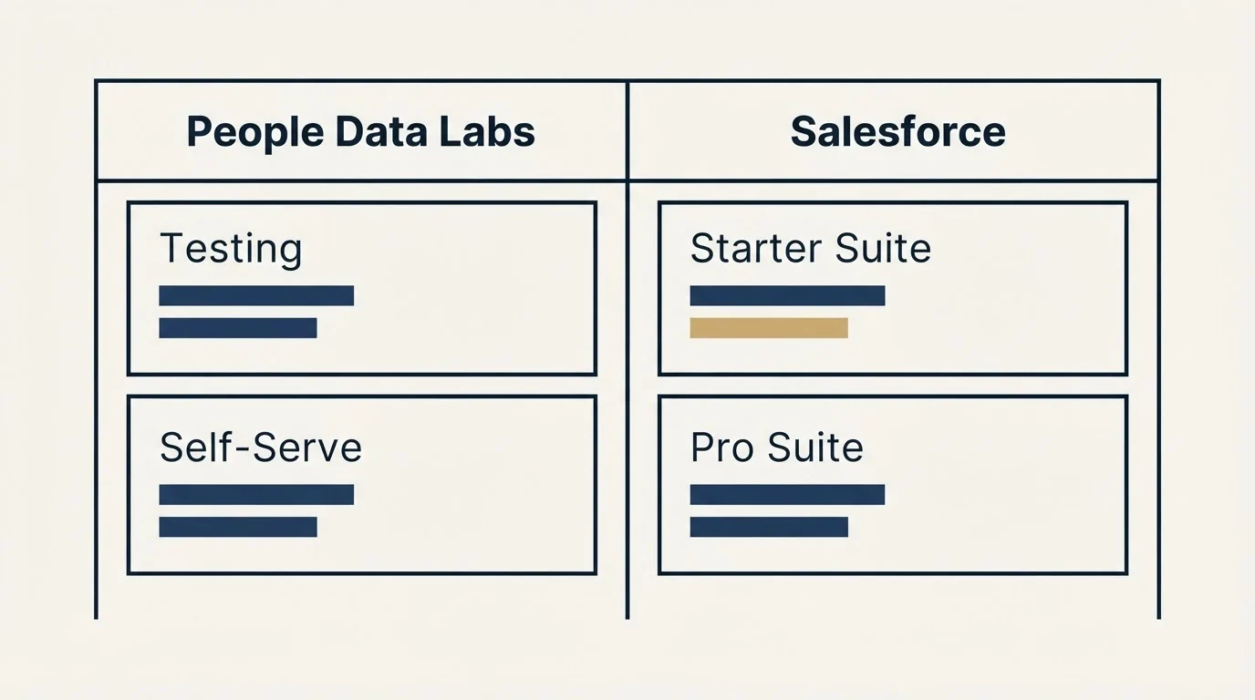 Pricing table: Pricing Comparison (People Data Labs, Salesforce, Testing, Starter Suite)