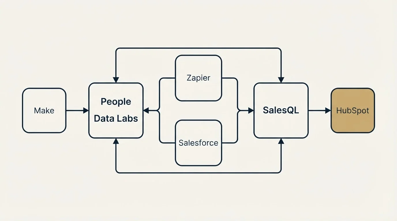 Integration schematic: Integration Ecosystem (People Data Labs, SalesQL, Zapier, Salesforce)
