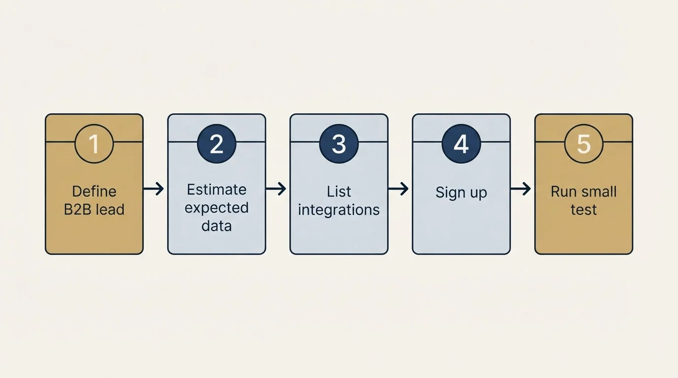 Step sequence: Getting Started Checklist (Define B2B lead, Estimate expected data, List integrations, Sign up)