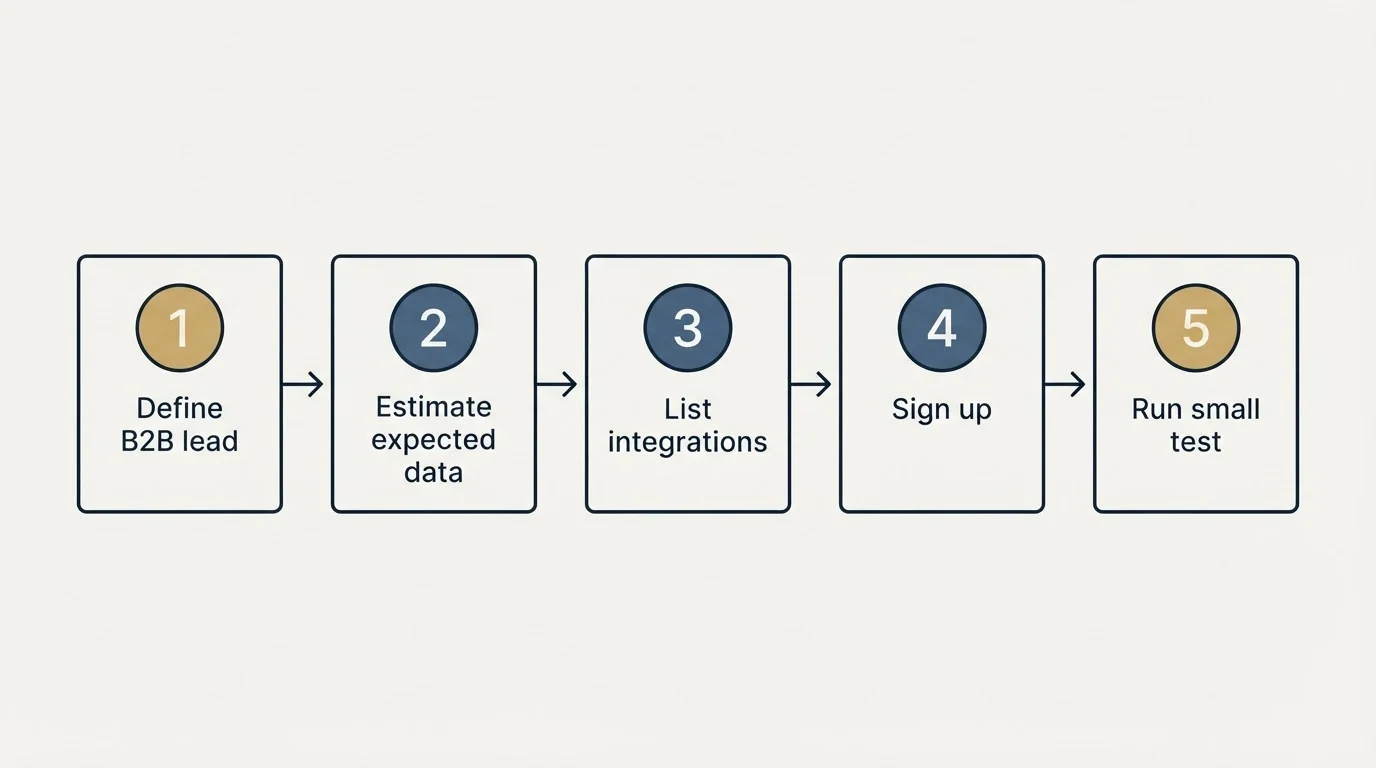 Step sequence: Getting Started Checklist (Define B2B lead, Estimate expected data, List integrations, Sign up)