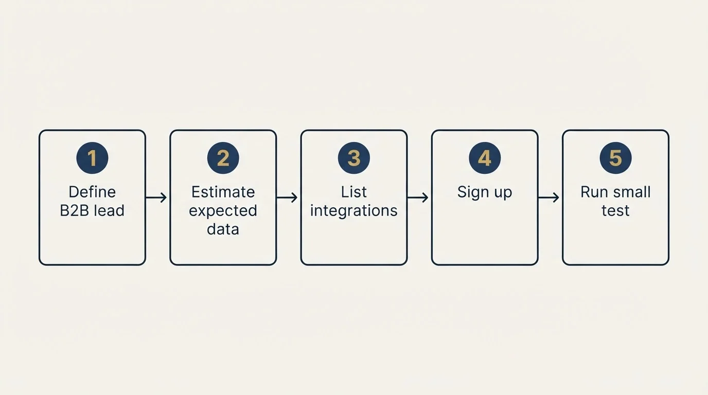 Step sequence: Getting Started Checklist (Define B2B lead, Estimate expected data, List integrations, Sign up)