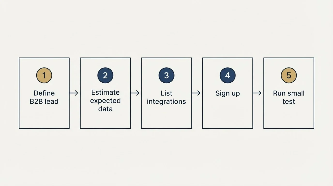 Step sequence: Getting Started Checklist (Define B2B lead, Estimate expected data, List integrations, Sign up)