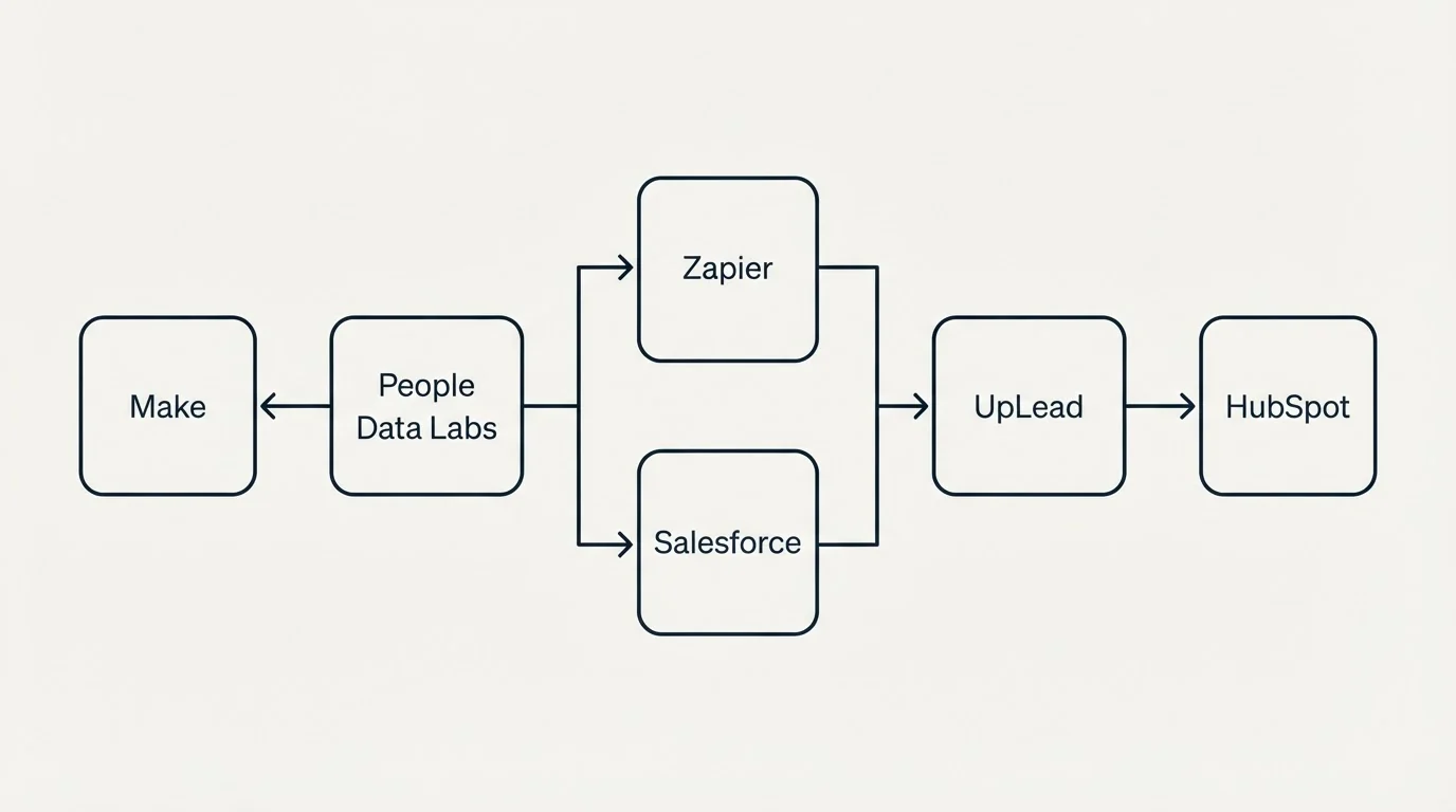 Integration flow: Integration Ecosystem (People Data Labs, UpLead, Zapier, Salesforce)