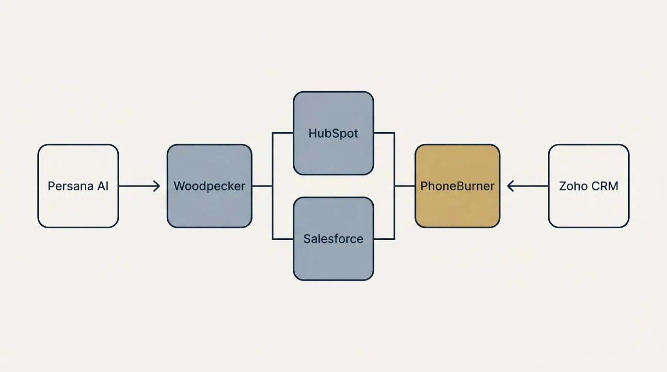 Integration flow: Integration Ecosystem (Persana AI, PhoneBurner, HubSpot, Salesforce)