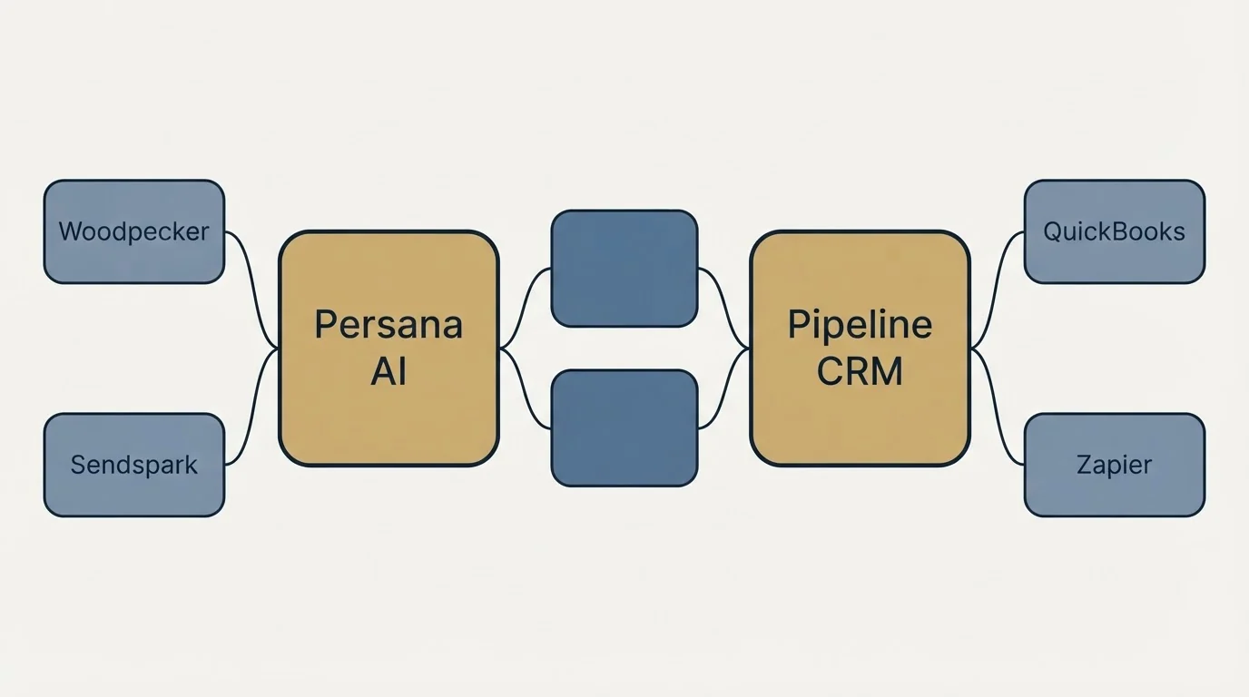 Integration schematic: Integration Ecosystem (Persana AI, Pipeline CRM, Woodpecker, QuickBooks)