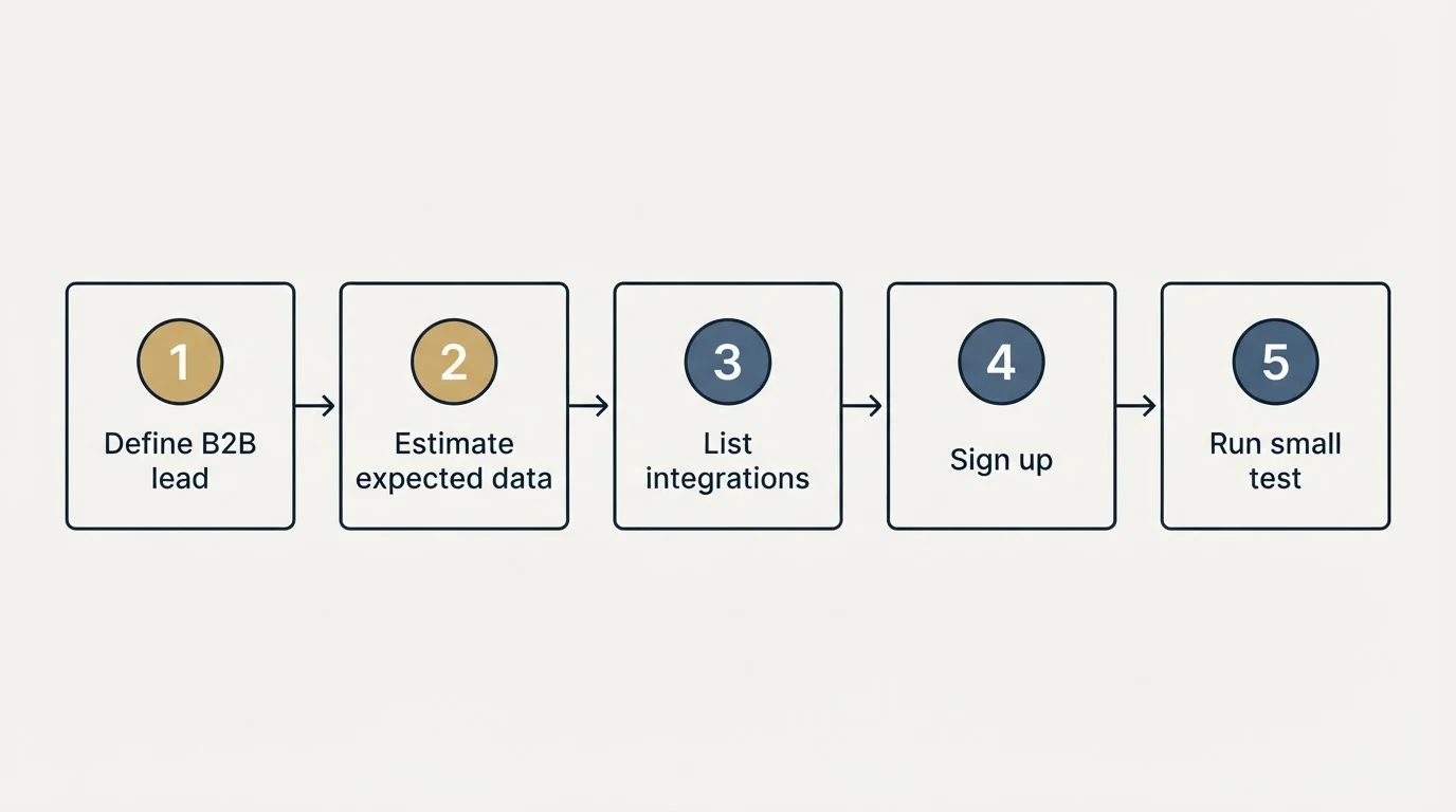 Step sequence: Getting Started Checklist (Define B2B lead, Estimate expected data, List integrations, Sign up)