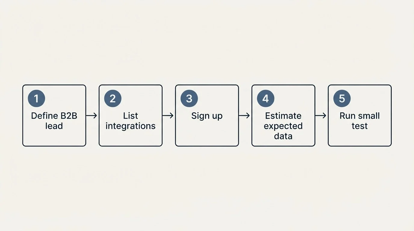 Step sequence: Getting Started Checklist (Define B2B lead, Estimate expected data, List integrations, Sign up)